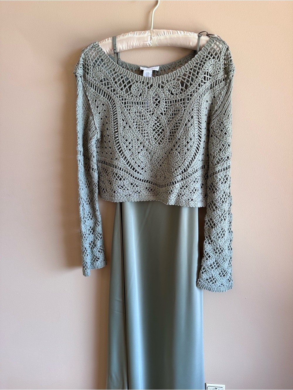 Crochet Knit Overlay Dress in Sage Green. Sold as a 2 pcs. Set. Size M.